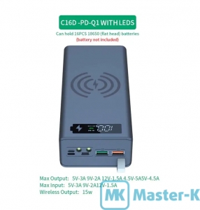Холдер для Аккумуляторов 18650 Broodio C16D-PD-QI-black whith LED до 50000mAh + Wireless Charging