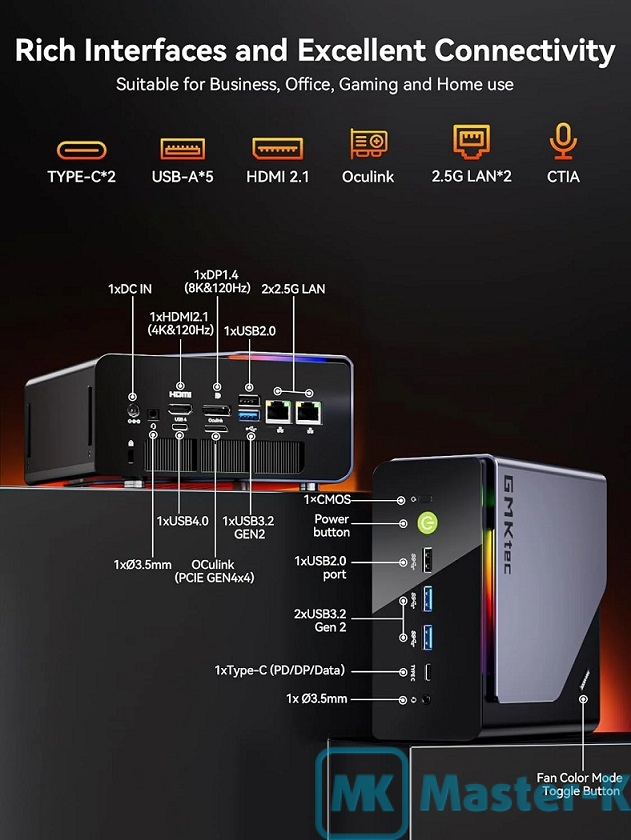 Неттопы : Неттоп GMKtec NucBox K12, Black, Ryzen 7 H 255 (16x3.8